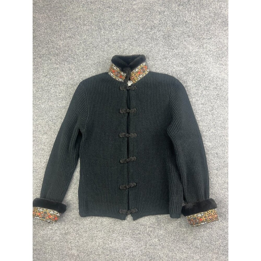 Embellished-Trim Black Knit Cardigan with Decorative Frog Closures